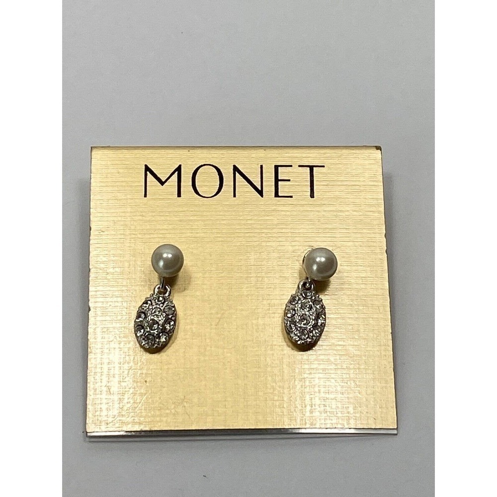 Monet Earrings Faux Pearls Rhinestones Dangles Costume Jewelry Signed